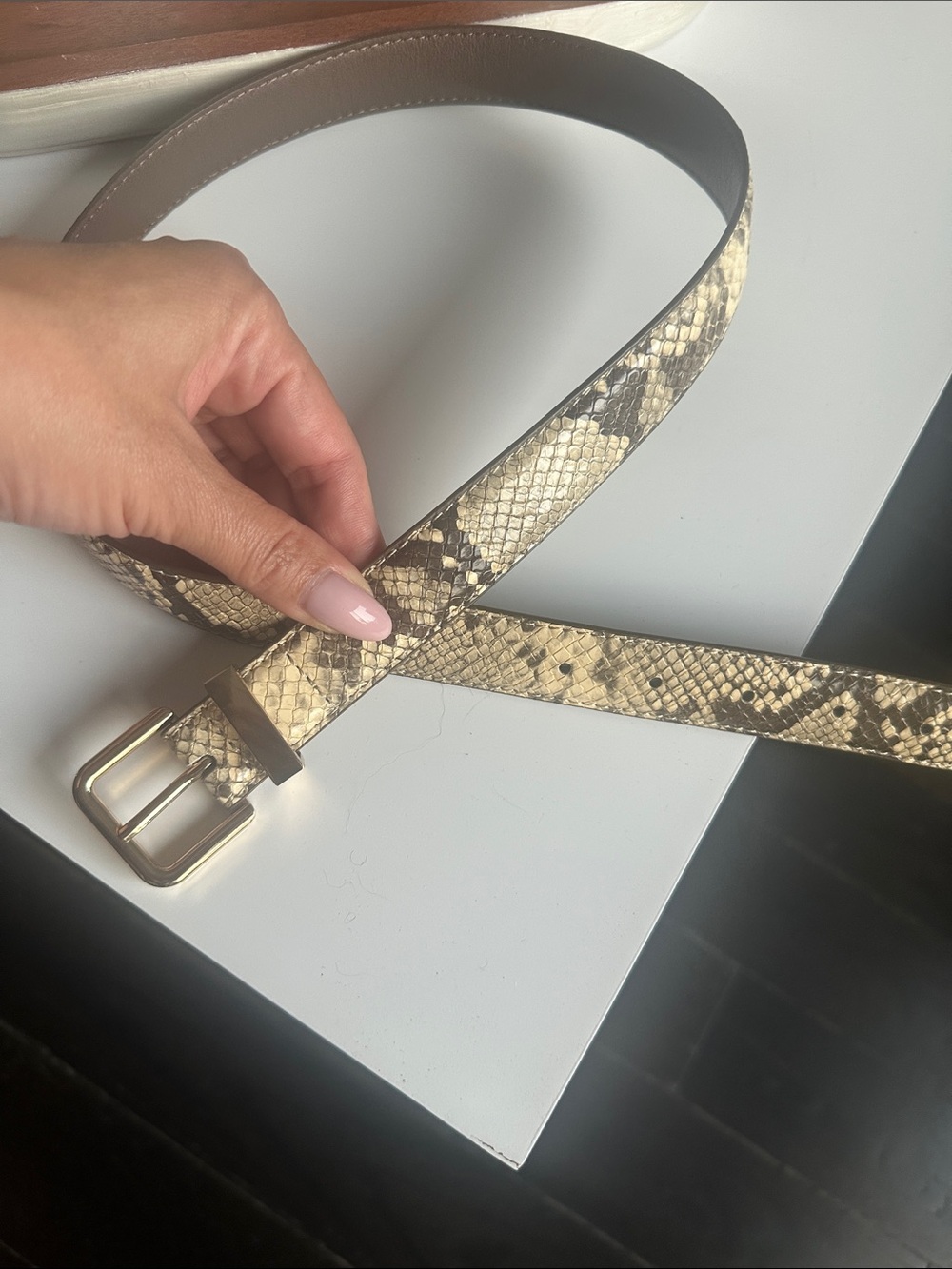 Mango Snake-Print Leather Belt in Beige and Brown with Gold Buckle